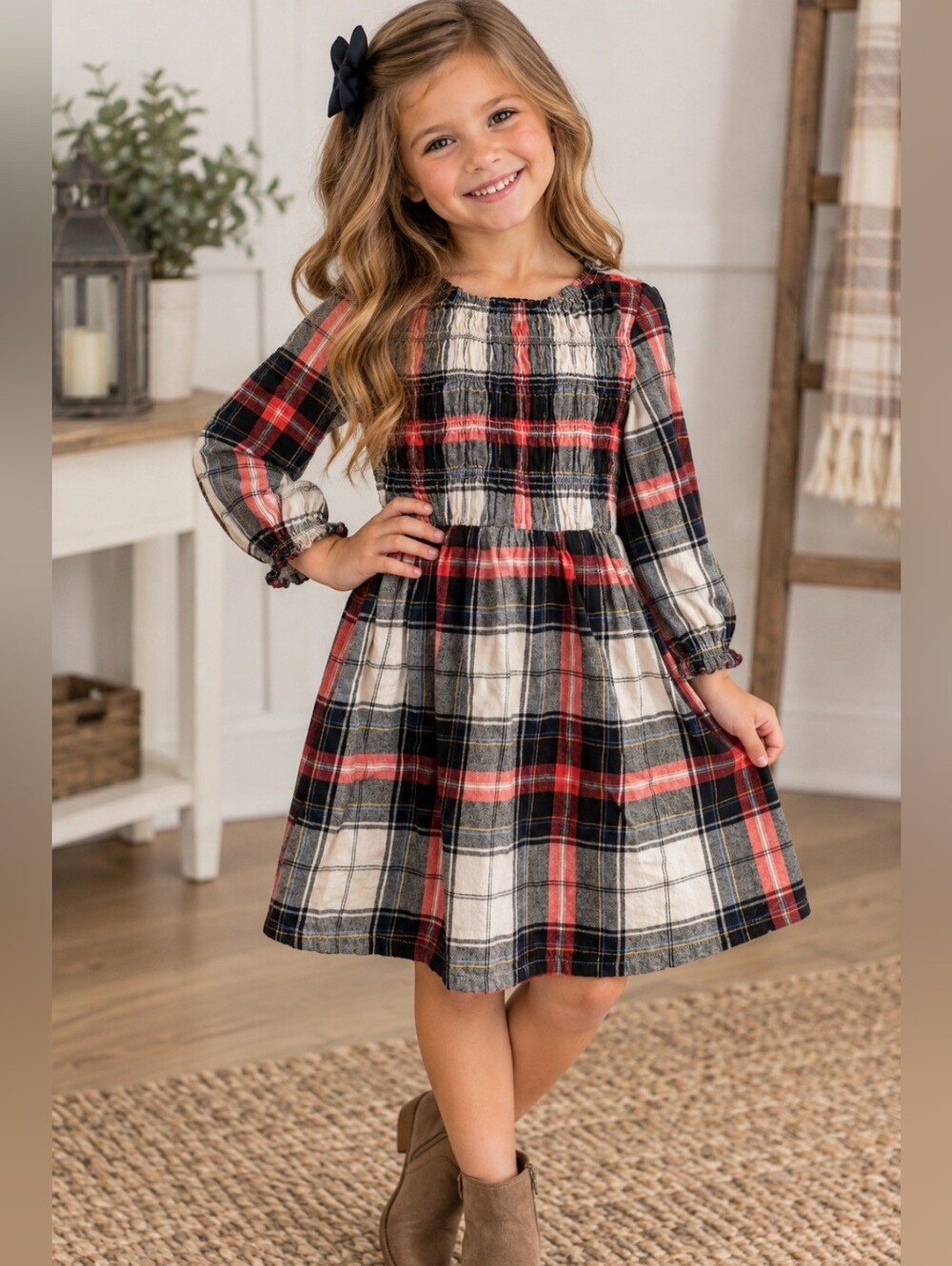 Plaid Flannel Smocked Long-Sleeve Dress for Girls Size 6-7